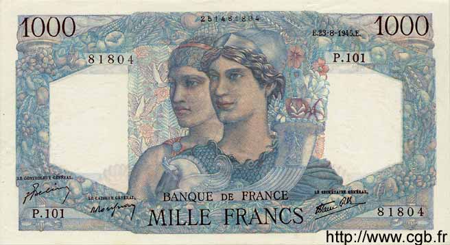 1000 Francs MINERVE ET HERCULE FRANCE  1945 F.41.07 SPL+