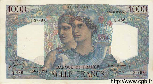1000 Francs MINERVE ET HERCULE FRANCE  1948 F.41.23 SUP