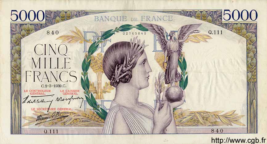 5000 Francs VICTOIRE Impression à plat FRANCE  1939 F.46.03 TTB