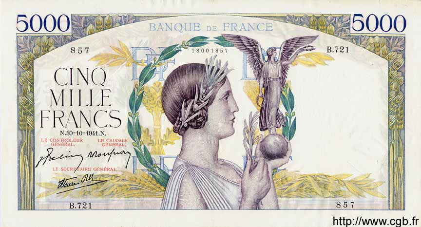 5000 Francs VICTOIRE Impression à plat FRANCE  1941 F.46.28 TTB