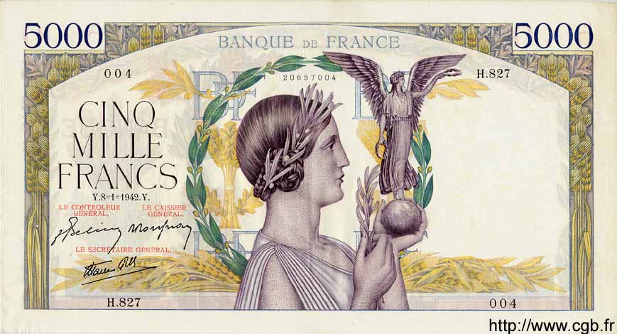 5000 Francs VICTOIRE Impression à plat FRANCE  1942 F.46.32 TTB+