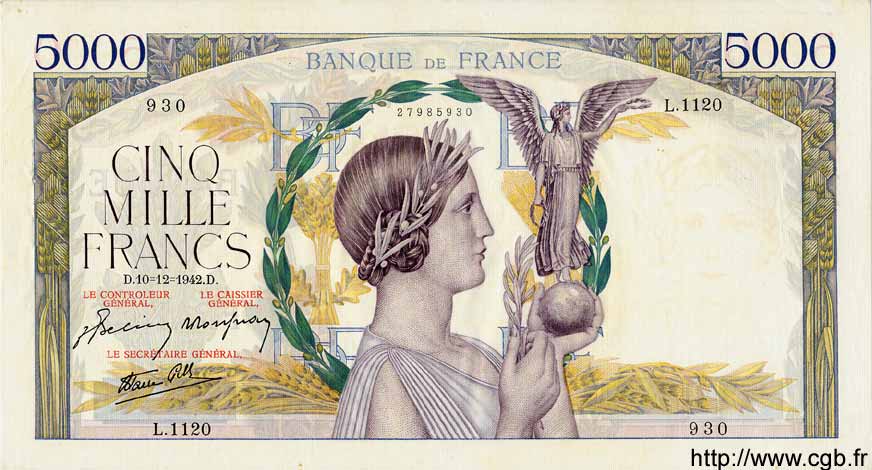 5000 Francs VICTOIRE Impression à plat FRANCE  1942 F.46.45 pr.SUP