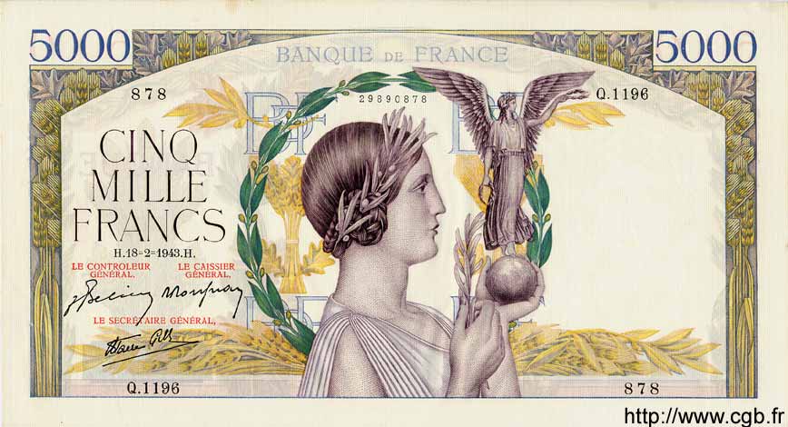 5000 Francs VICTOIRE Impression à plat FRANCE  1943 F.46.48 SPL