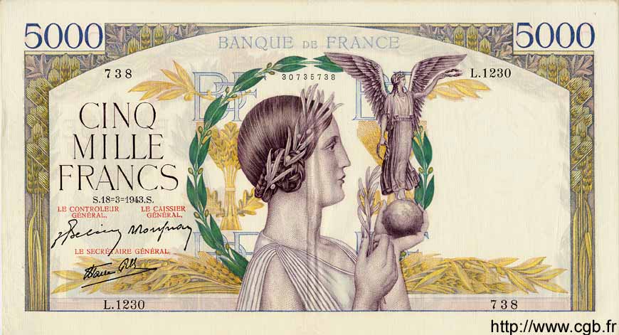 5000 Francs VICTOIRE Impression à plat FRANCE  1943 F.46.49 pr.SUP