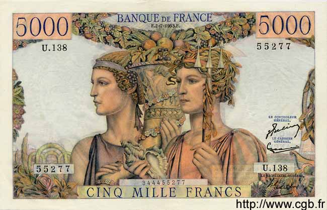 5000 Francs TERRE ET MER FRANCE  1953 F.48.09 SPL