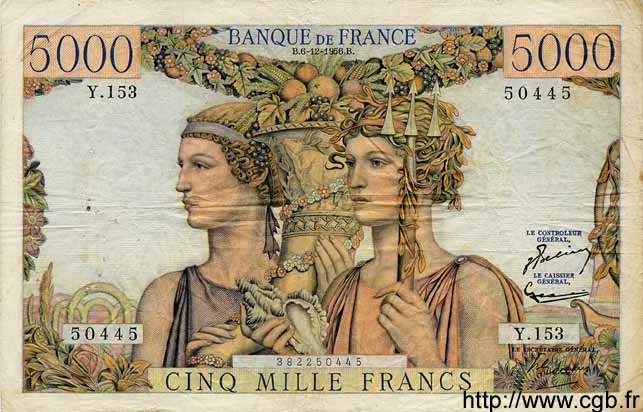 5000 Francs TERRE ET MER FRANCE  1956 F.48.12 TB+