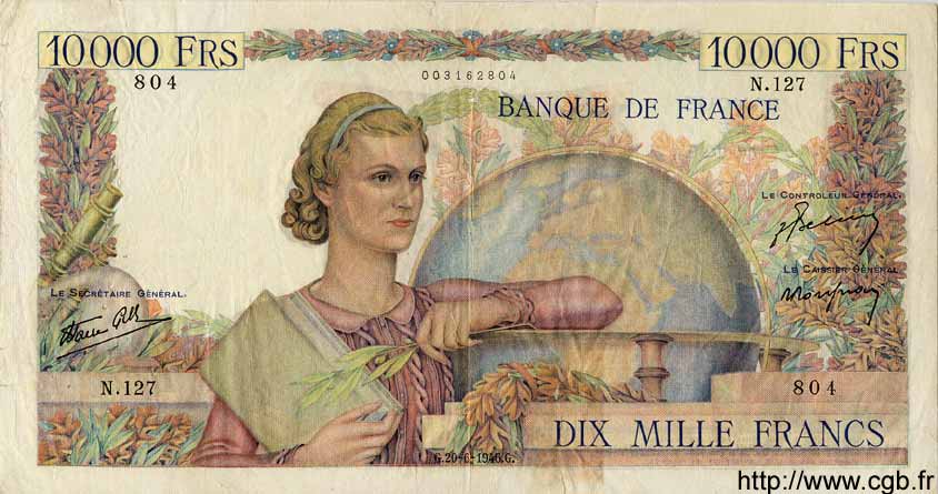 10000 Francs GÉNIE FRANÇAIS FRANCE  1946 F.50.06 TB