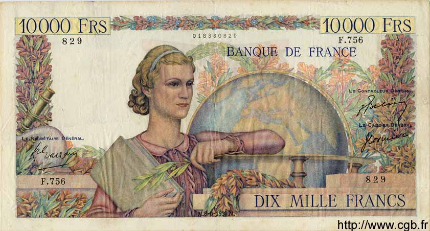 10000 Francs GÉNIE FRANÇAIS FRANCE  1950 F.50.32 pr.TTB