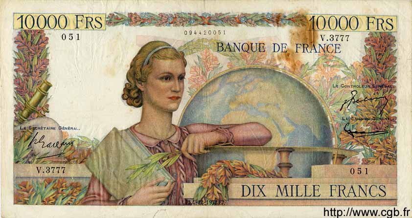 10000 Francs GÉNIE FRANÇAIS FRANCE  1952 F.50.62 TB