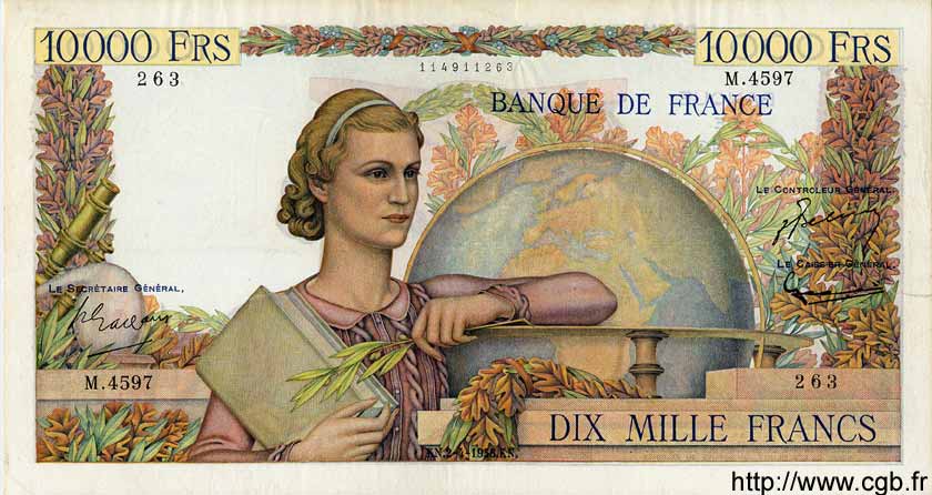 10000 Francs GÉNIE FRANÇAIS FRANCE  1953 F.50.64 pr.TTB