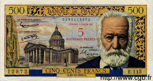 5 NF sur 500 Francs Victor HUGO FRANCE 1958 F.52.01 TTB