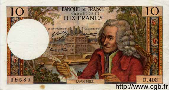 10 Francs VOLTAIRE FRANCE  1968 F.62.32 TTB+
