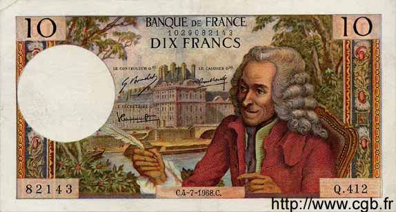 10 Francs VOLTAIRE FRANCE  1968 F.62.33 TTB