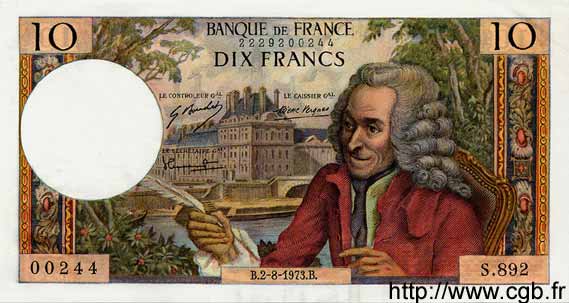 10 Francs VOLTAIRE FRANCE  1973 F.62.63 AU
