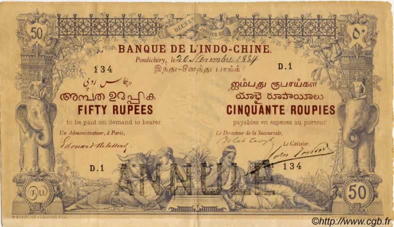 50 Rupees - 50 Roupies INDE FRANÇAISE  1884 P.A2s TTB+