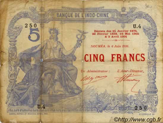 5 Francs NEW CALEDONIA  1916 P.15a VG