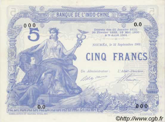 5 Francs NOUVELLE CALÉDONIE  1901 P.15a SPL