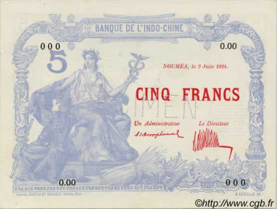 5 Francs NEW CALEDONIA  1924 P.19s AU