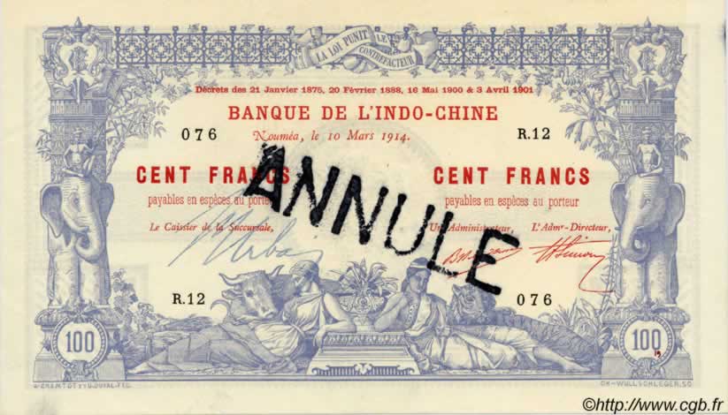 100 Francs Spécimen NOUVELLE CALÉDONIE  1914 P.17s pr.NEUF