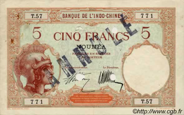 5 Francs NOUVELLE CALÉDONIE  1927 P.36as TTB
