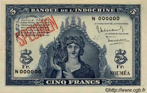 5 Francs NOUVELLE CALÉDONIE  1944 P.48s pr.SPL