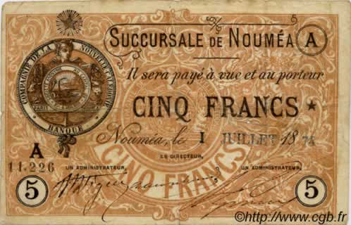5 Francs NOUVELLE CALÉDONIE Nouméa 1874 P.02 TB