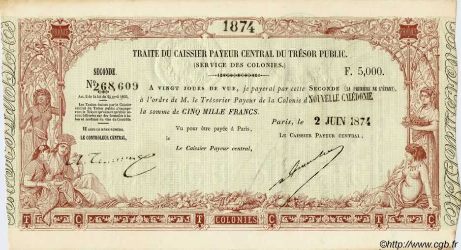 5000 Francs NOUVELLE CALÉDONIE  1874 P.- SPL