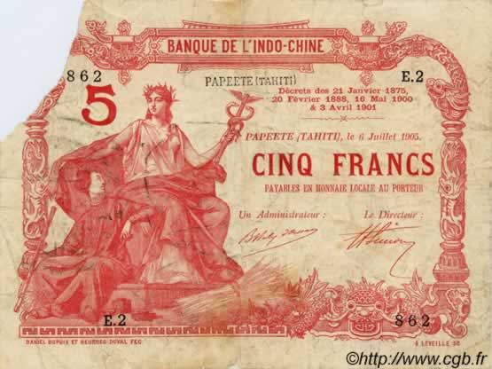 5 Francs TAHITI  1905 P.01b var B