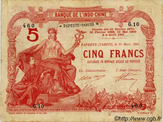 5 Francs TAHITI  1914 P.01b B+