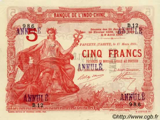 5 Francs TAHITI  1914 P.01b SPL
