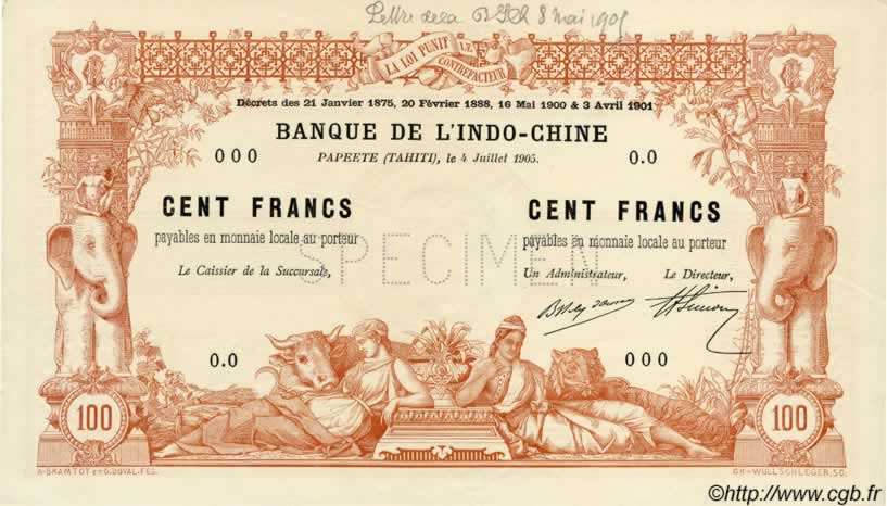 100 Francs Spécimen TAHITI  1905 P.03 vars pr.NEUF
