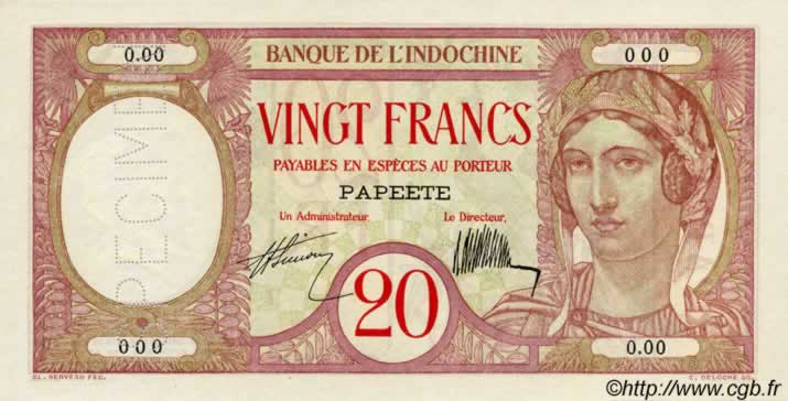 20 Francs Spécimen TAHITI  1927 P.12as NEUF