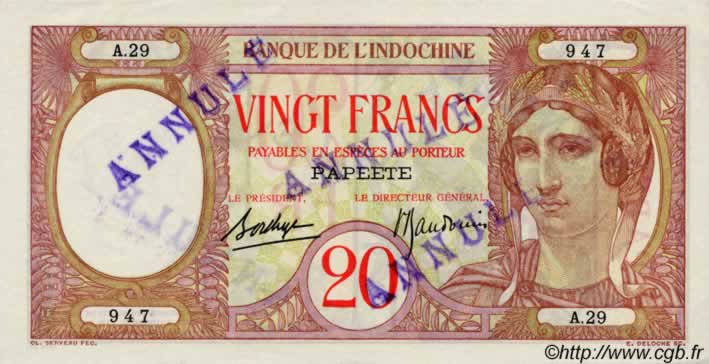20 Francs TAHITI  1936 P.12cs SPL