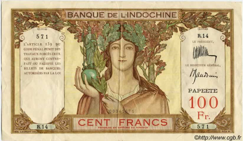 100 Francs TAHITI  1924 P.14var TTB+