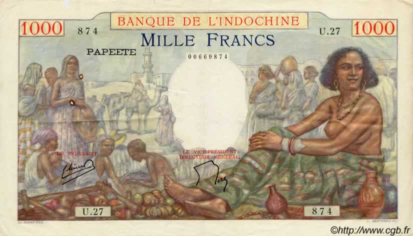 1000 Francs TAHITI  1954 P.15b TTB+