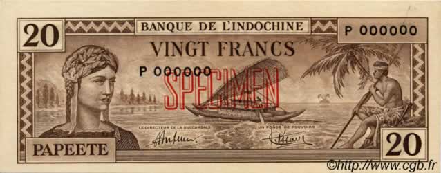20 Francs TAHITI  1944 P.20s SPL