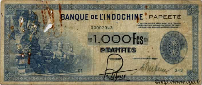 1000 Francs TAHITI  1943 P.18a B+