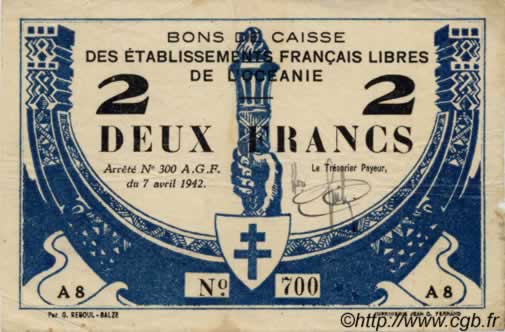 2 Francs OCÉANIE  1942 P.09 TB+