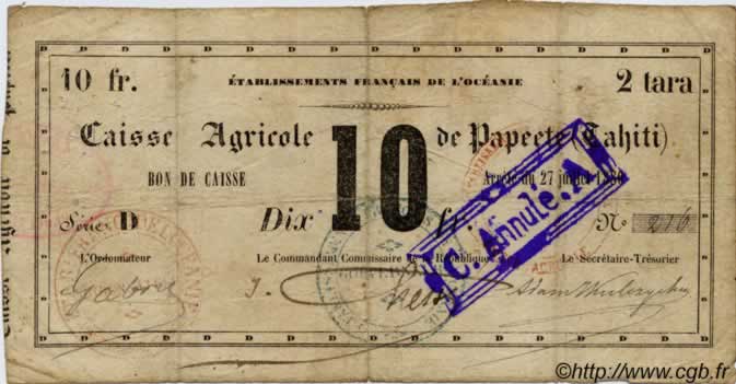 10 Francs - 2 tara TAHITI  1880 P. -s pr.TB