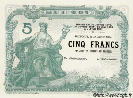 5 Francs Essai DJIBOUTI  1905 P. - NEUF