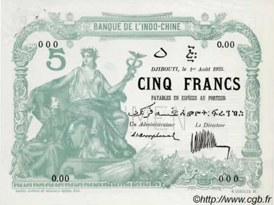 5 Francs Spécimen DJIBOUTI  1923 P.01s SUP+