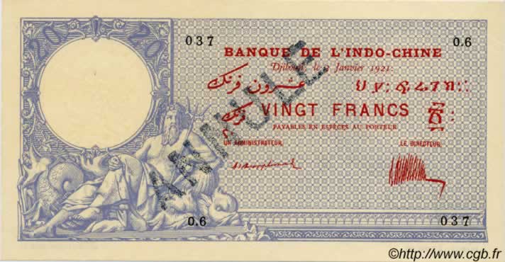 20 Francs Annulé DJIBOUTI  1921 P.04Bs pr.NEUF