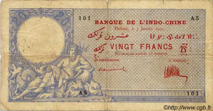 20 Francs DJIBOUTI  1921 P.04B B+