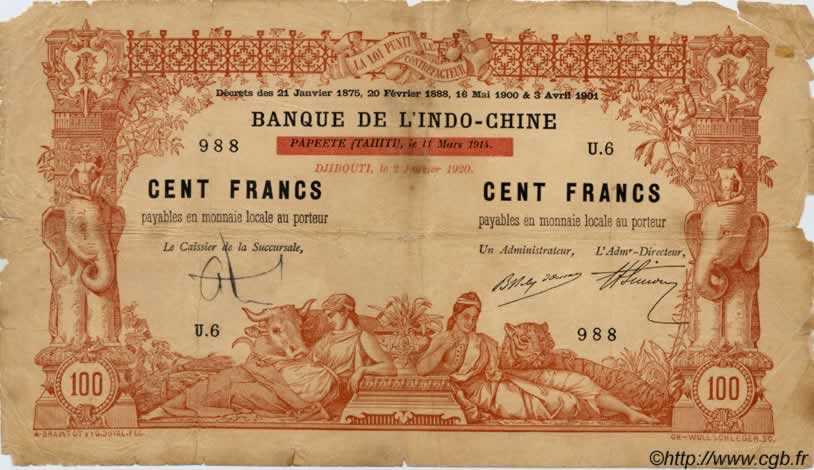 100 Francs DJIBOUTI  1920 P.04b AB