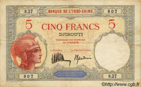 5 Francs DJIBOUTI  1932 P.06b VF