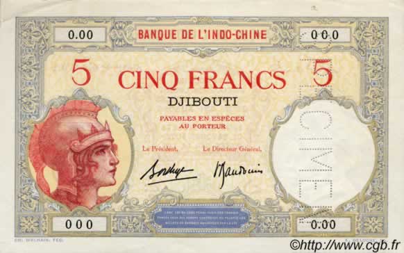 5 Francs DJIBOUTI  1936 P.06bs SPL
