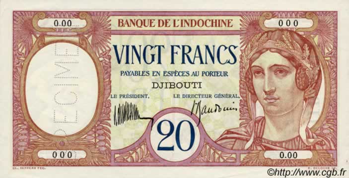 20 Francs Spécimen DJIBOUTI  1936 P.07as UNC