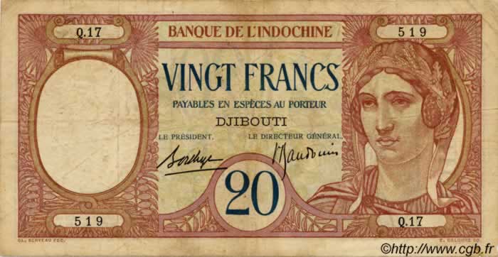 20 Francs DJIBOUTI  1936 P.07a F+