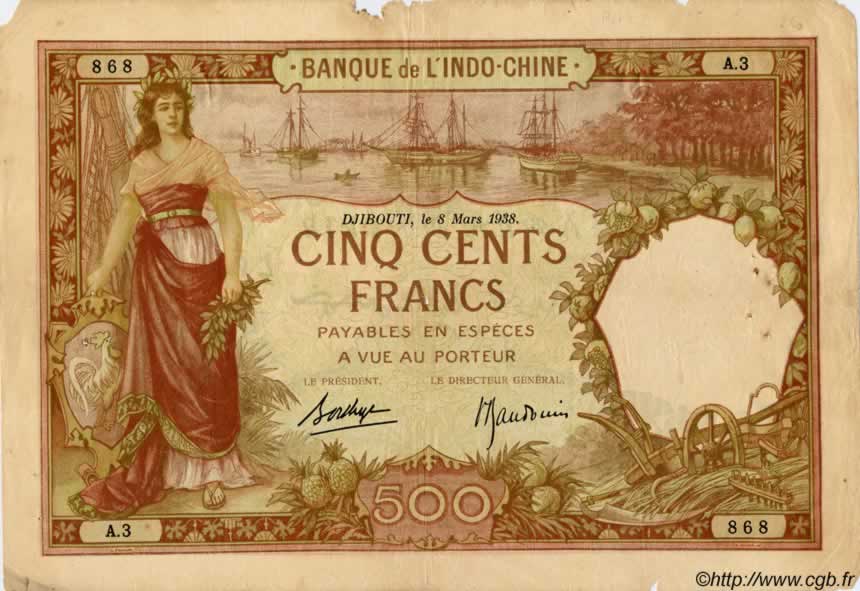 500 Francs DJIBOUTI  1938 P.09b B+