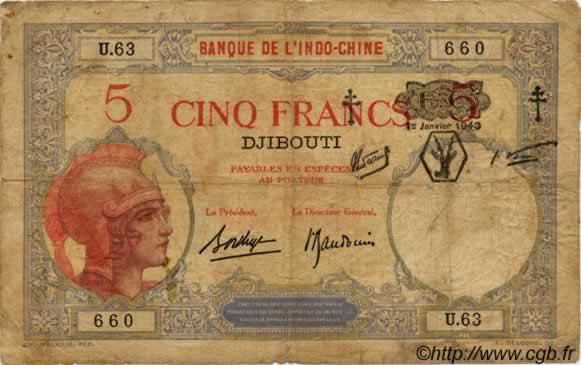 5 Francs DJIBOUTI  1943 P.11 VG